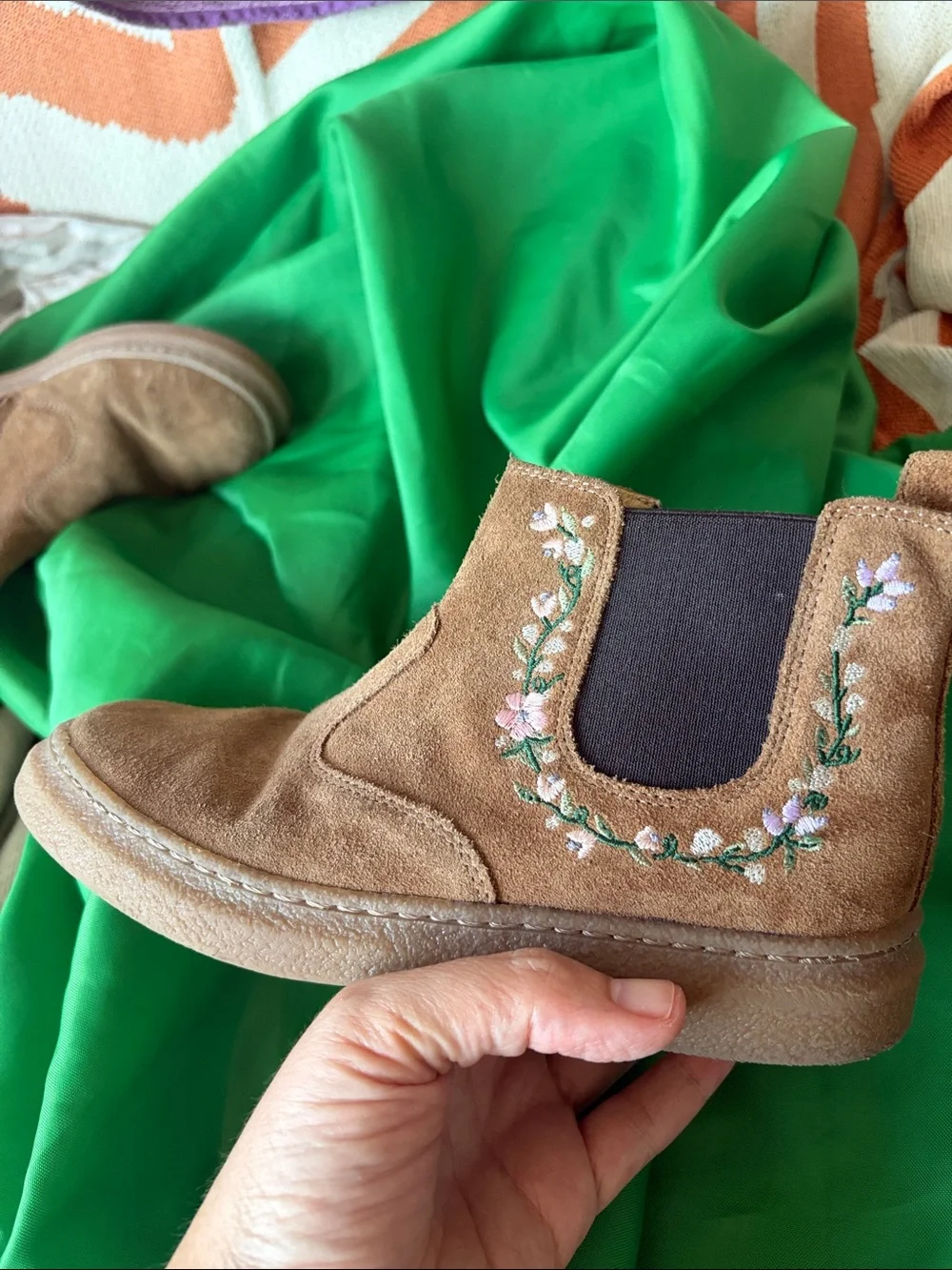 Pom D’api Girls Brown Suede Floral Chelsea Boots
